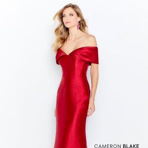 Cameron Blake 120622 Red Off the Shoulder Form Fitting Gown, Mother of the Bride